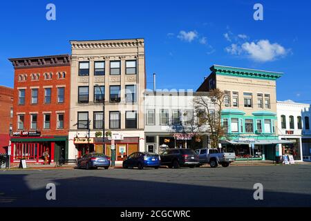 NORTHAMPTON, MA -12 AUG 2020- View of buildings in downtown Northampton, Massachusetts, home to Smith College. Stock Photo