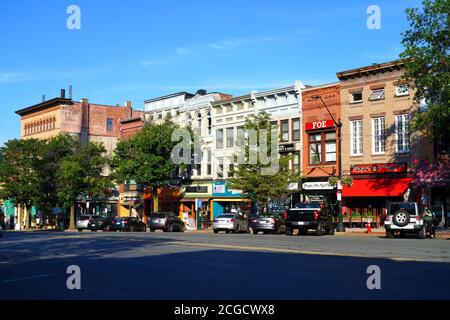 NORTHAMPTON, MA -12 AUG 2020- View of buildings in downtown Northampton, Massachusetts, home to Smith College. Stock Photo