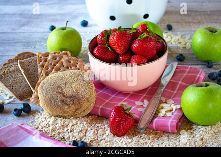 Healthy breakfast food ingredients carbohyrates Stock Photo