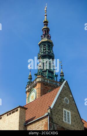 Gdansk, North Poland - August 15, 2020: Top view of polish architecture of clock tower located in the old town in city center Stock Photo