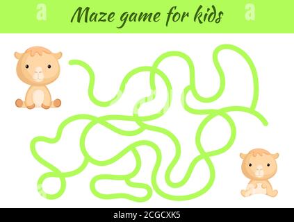 Funny maze or labyrinth game for kids. Help mother find path to baby. Education developing worksheet. Activity page. Cartoon camel characters. Stock Vector