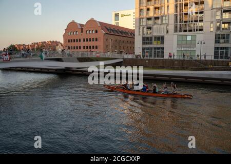 Gdansk, North Poland - August 15, 2020: People are riding kayak in the motlawa river in the center near baltic sea Stock Photo