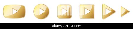 Set of gold play buttons. Play icons isolated. Vector illustration. Gold play symbol Stock Vector