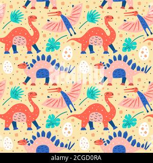 Set of little cute dinosaurs. Diplodocus, pteranodon, stegosaurus, dino eggs. Palm leafs.  Prehistoric animals. Jurassic world. Flat cartoon colourful Stock Vector