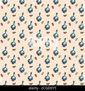 Happy Halloween. Seamless pattern, texture, background. Poison bottle with skull and bones on beige background. Packaging paper design. Stock Vector