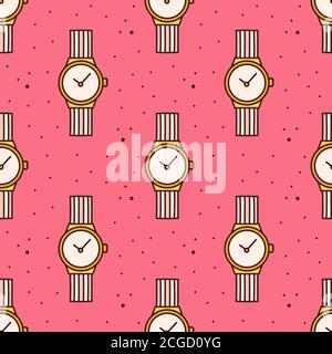 Arm clock, accessory. Seamless pattern, texture, background. Back to school, office stuff. Stock Vector
