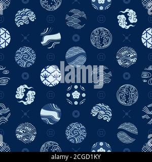 Japanese seamless pattern and wallpaper vector. Design for fabric print, cover book, background, textiles, decoration. Water wave, wind,cloud,porcelai Stock Vector