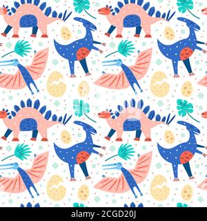 Set of little cute dinosaurs. Diplodocus, pteranodon, stegosaurus, dino eggs. Prehistoric animals. Jurassic world. Flat cartoon colourful vector hand Stock Vector