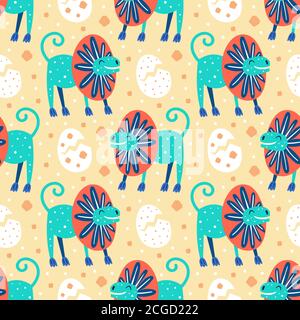Little cute blue Dilophosaurus and small dino eggs. Prehistoric animals. Jurassic world. Flat cartoon colourful vector hand drawn seamless pattern, te Stock Vector