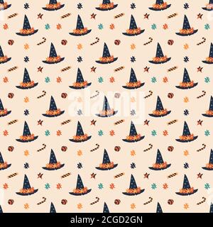 Happy Halloween seamless pattern, texture, background. Witch hat with flowers, sweets. Packaging holiday paper design. Stock Vector