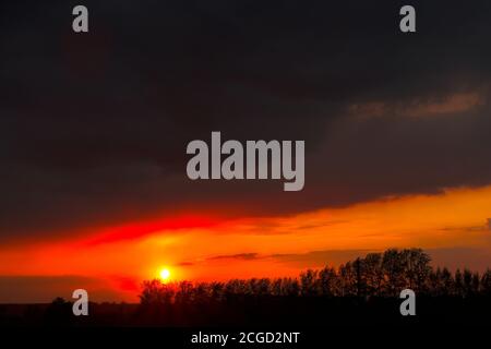 The red sunset sky with the sun and clouds. The bright disk of the sun. Beautiful and colorful sunset sky. Stock Photo