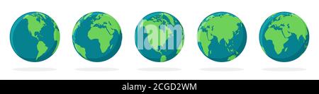 Earth globe icons isolated. World map icons. Set of color hemispheres of earth with a different continents. Vector illustration. Stock Vector
