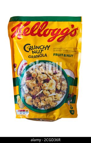 Pack of Kelloggs Crunchy Nut Granola fruit & Nut isolated on white background - cereal packet, cereals, Kelloggs Stock Photo