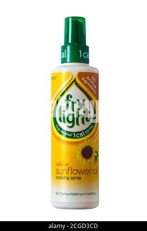 Bottle of fry light golden sunflower oil cooking spray isolated on white background - the original 1 cal spray, no artificial ingredients Stock Photo