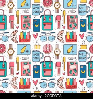 Back to school, office stuff, stationery. Seamless pattern, texture, background. Notebook, glasses, bag, pen, marker, lap top, clock, coffee, accessor Stock Vector