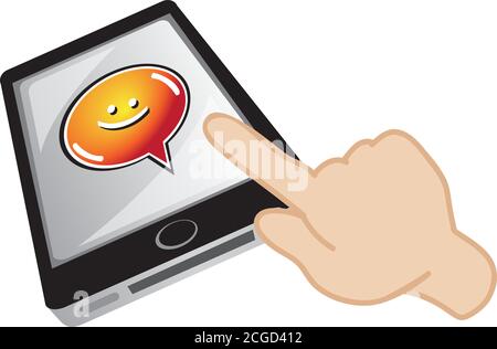 Vector illustration of hands playing with his handphone. Chatting with friends Stock Vector