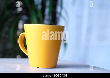 Close up of yellow color coffee cup on table  Stock Photo