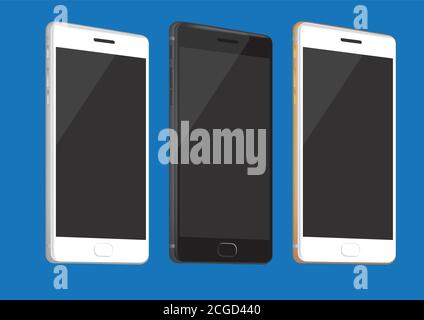 Vector illustration of realistic brand new smart phone in three different colors isolated on blue background Stock Vector