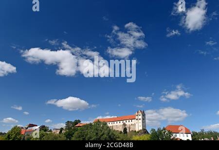 Wettin, Germany. 10th Sep, 2020. The Wettin Castle is strikingly enthroned on a rock above the Saale. Wettin is the ancestral castle of the Wettin family, the margraves, electors and kings of Saxony. Idyllically situated in the Lower Saale Valley Nature Park, it is a popular destination for excursions in the region. Credit: Hendrik Schmidt/dpa-Zentralbild/ZB/dpa/Alamy Live News Stock Photo