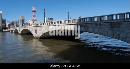 Bandai Bridge over the Shinano River in Niigata, Japan, seen at dusk ...