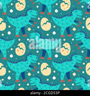 Little cute blue t-rex. Cute yellow dino eggs. Prehistoric animals. Jurassic world. Paleontology. Reptile. Archeology. Flat cartoon colourful vector h Stock Vector