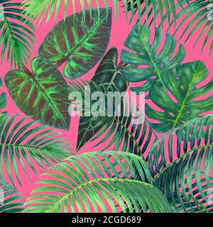 Watercolor abstract summer seamless pattern with tropical plants on pink background. Watercolour hand drawn exotic leaves Palms, Monstera, Philodendro Stock Photo