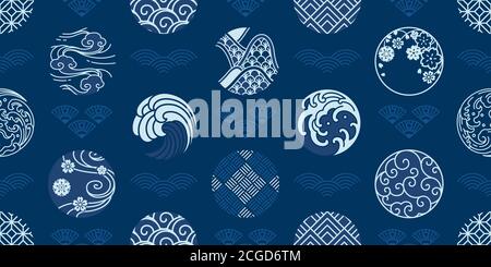 Japanese seamless pattern and wallpaper vector. Water wave, wind,cloud,porcelain,textiles,sakura,geometric vintage style. Stock Vector