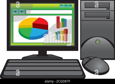 Desktop computer with statistic charts in a web browser. Stock Vector
