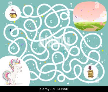 Maze game for kindergarten children. Help the unicorn get to the fairy land. Developing activities for boys and girls. Stock Vector illustration Stock Vector