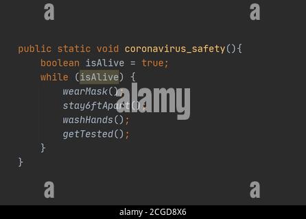 How to protect yourself from the coronavirus for programmers. A joke code in Java. Digital representation of Java code. Stock Photo