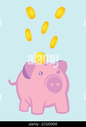 Vector illustration gold coins going into the slot on an adorable pink piggy bank isolated on pastel blue background. Stock Vector