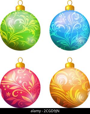 Christmas Holiday Decoration, Set Colorful Balls with Floral Pattern. Vector Stock Vector