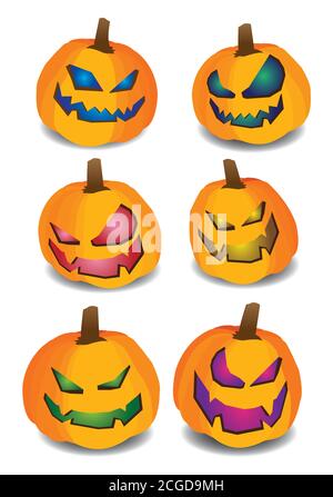 Set of six pumpkin cravings of funny faces with colorful features. Vector illustration isolated on white background. Stock Vector