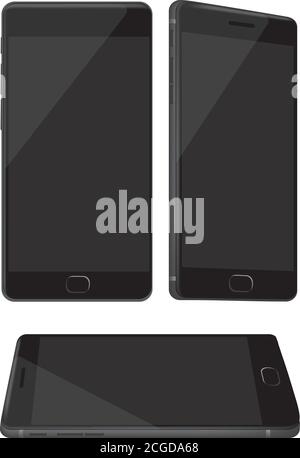 Vector illustration of a new black and shiny handphone in three different perspective views isolated on white background Stock Vector