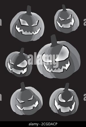 Vector illustration of halloween pumpkin heads lanterns in black, grey and white isolated on black background. Stock Vector