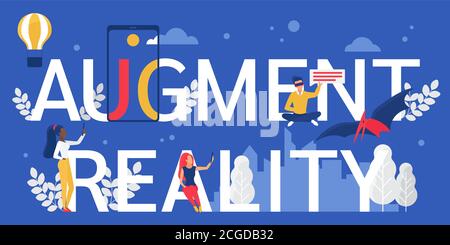 Augment reality lettering vector illustration. Cartoon flat augmented virtual tech reality concept with people in innovative vr glasses, holding tablet laptop. Future innovation technology background Stock Vector