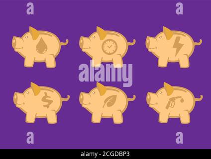 Set of six illustration of piggy banks in side view with conceptual symbols. Vector design elements for savings and conservation concepts isolated on Stock Vector