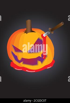 Pumpkin haed with evil face stabbed with knife and blood gore for Halloween horrow. Vector illustration isolated on black background. Stock Vector