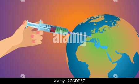 Vaccination. Big syringe in hand, globe planet earth. Vector illustration. EPS10. Stock Vector