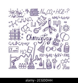 Big chemistry banner with lettering. Hand drawn objects associated with chemistry, elements and experiments. Vector illustration in doodle style Stock Vector
