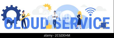 Cloud service word concept vector illustration. Cartoon flat customer user people using mobile devices for networking, standing next to big letters, modern cloud network technology isolated on white Stock Vector