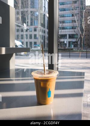 Gangnam, Seoul, Korea - Blue Bottle Coffee Yeoksam. New Orleans Iced Coffee. Cold-brewed with roasted chicory and sweetened with organic cane sugar. Stock Photo