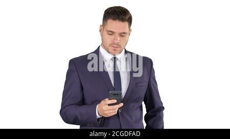 Serious worried businessman trying to call someone and can't get through Call failed on white background. Stock Photo