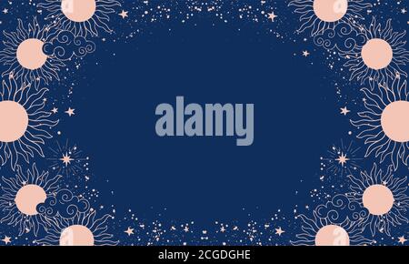 Magical blue background with sun or moon, place for text. Banner with stars, cosmic pattern for design in boho style, astrology. Doodle vector illustration Stock Vector