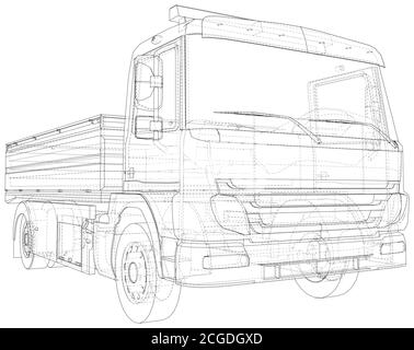 Flatbed truck vector illustration. Wire-frame line isolated. Vector rendering of 3d. Stock Vector