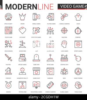 Video game thin red black line icon vector illustration set with outline entertainment mobile app symbols collection with devices and gadgets for gamers, vr glasses for gaming in augmented reality Stock Vector