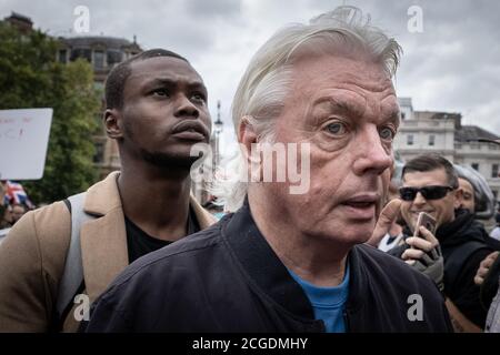 Conspiracy theorist David Icke arrives to give a speech at ‘Unite for Freedom’ COVID conspiracy theorist demonstration in Trafalgar Square, London. Stock Photo