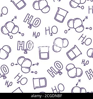 Chemical seamless pattern with H2O. Different representations of water. Molecule, liquid and chemical formula of water. Hand drawn pattern for Stock Vector