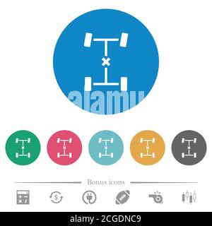 Central differential lock flat white icons on round color backgrounds. 6 bonus icons included. Stock Vector