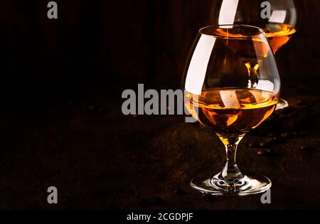 Armagnac, French grape brandy, strong alcoholic drink. Still life in vintage style, selective focus Stock Photo